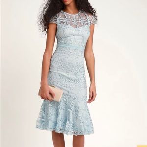 Light blue tea length trumpet style cocktail dress